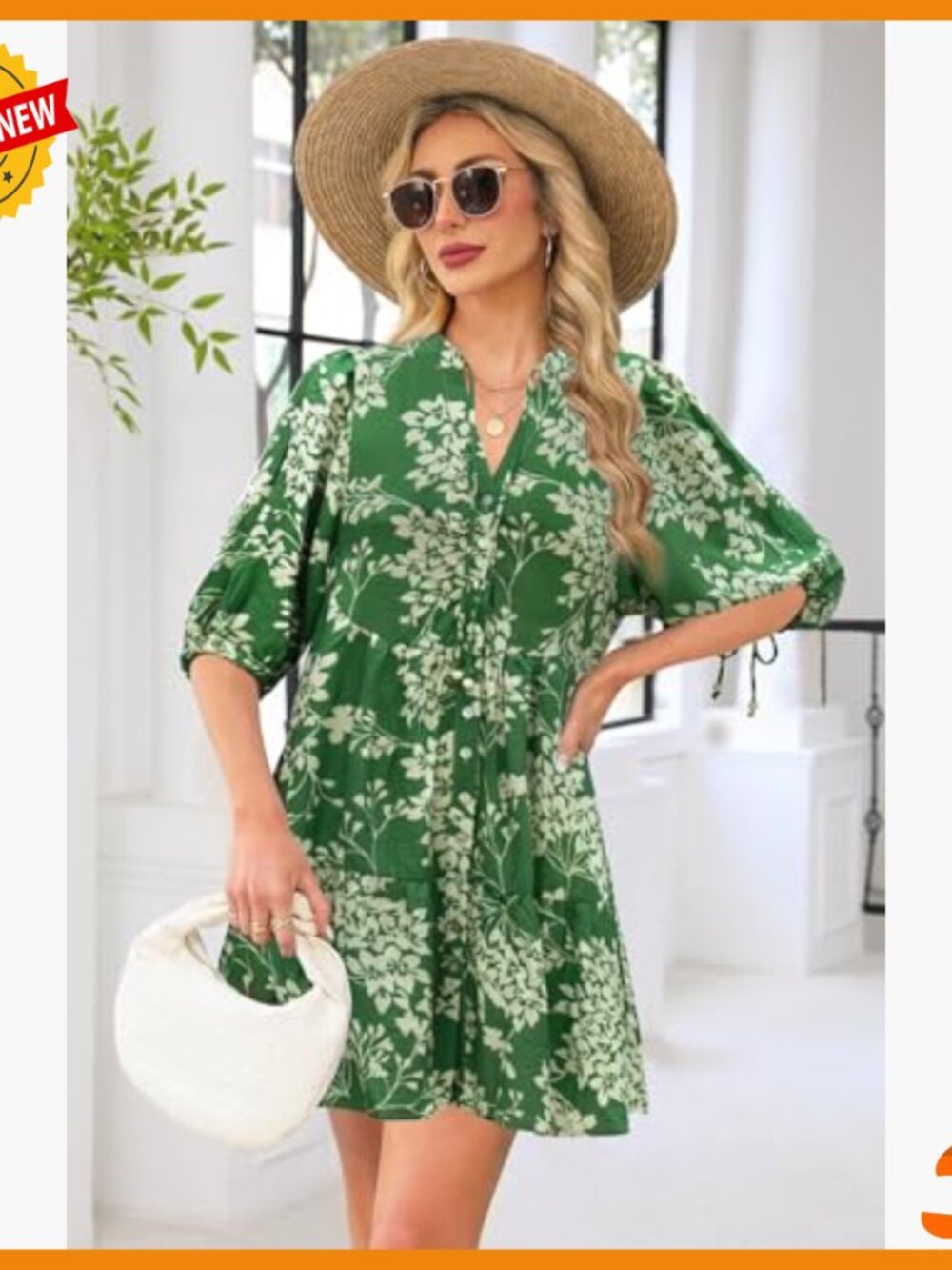 Floral Boho Shift Dress V Neck Puff Sleeve Button Down Summer Mini Dress - Picture 6 of 7
